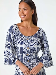 Roman Blue Petite Abstract Print Button Midi Dress - Image 4 of 5