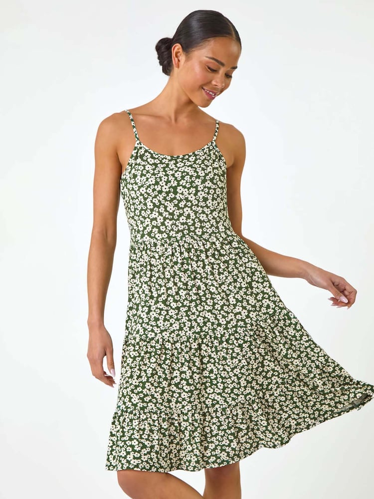 Roman Green Petite Ditsy Floral Print Strap Dress - Image 1 of 5