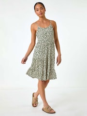 Roman Green Petite Ditsy Floral Print Strap Dress - Image 4 of 5