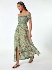 Roman Green Petite Abstract Bardot Midi Dress - Image 1 of 5