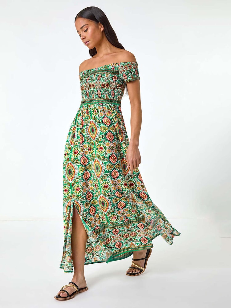 Roman Green Petite Abstract Bardot Midi Dress - Image 1 of 5