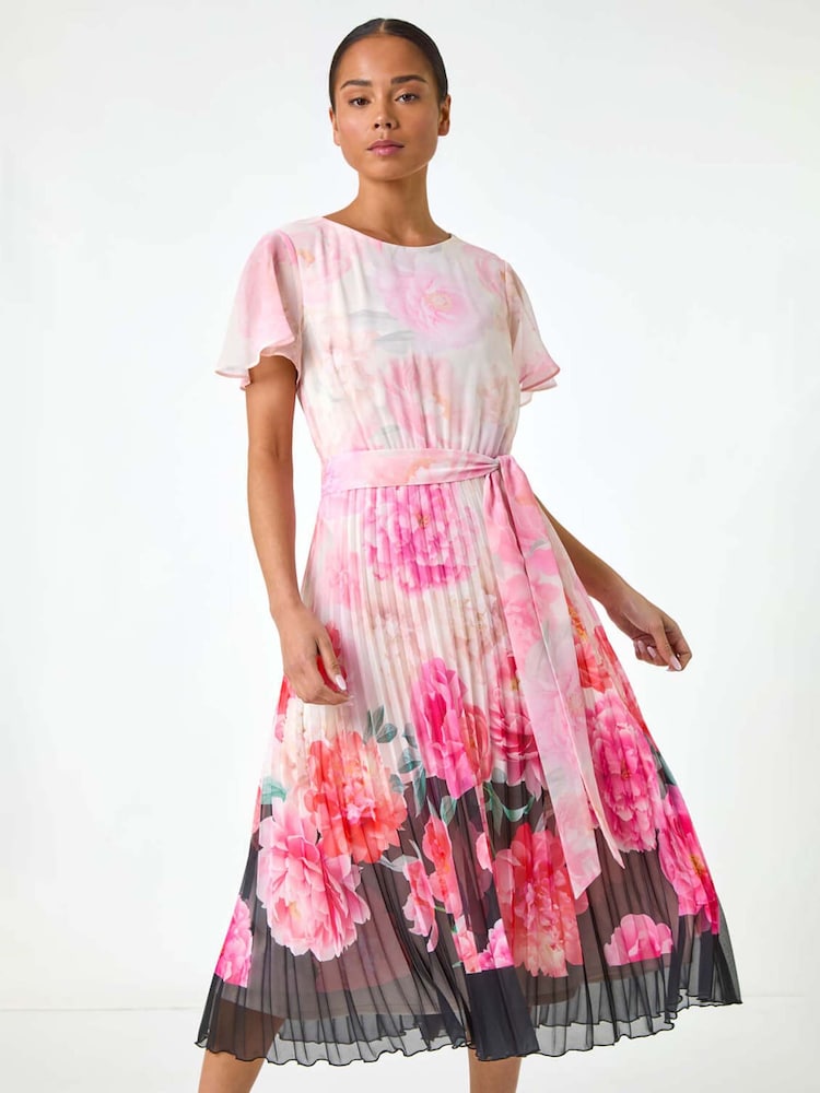 Roman Pink Petite Floral Pleated Midi Dress - Image 1 of 5