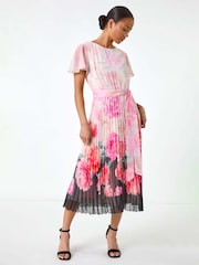 Roman Pink Petite Floral Pleated Midi Dress - Image 4 of 5