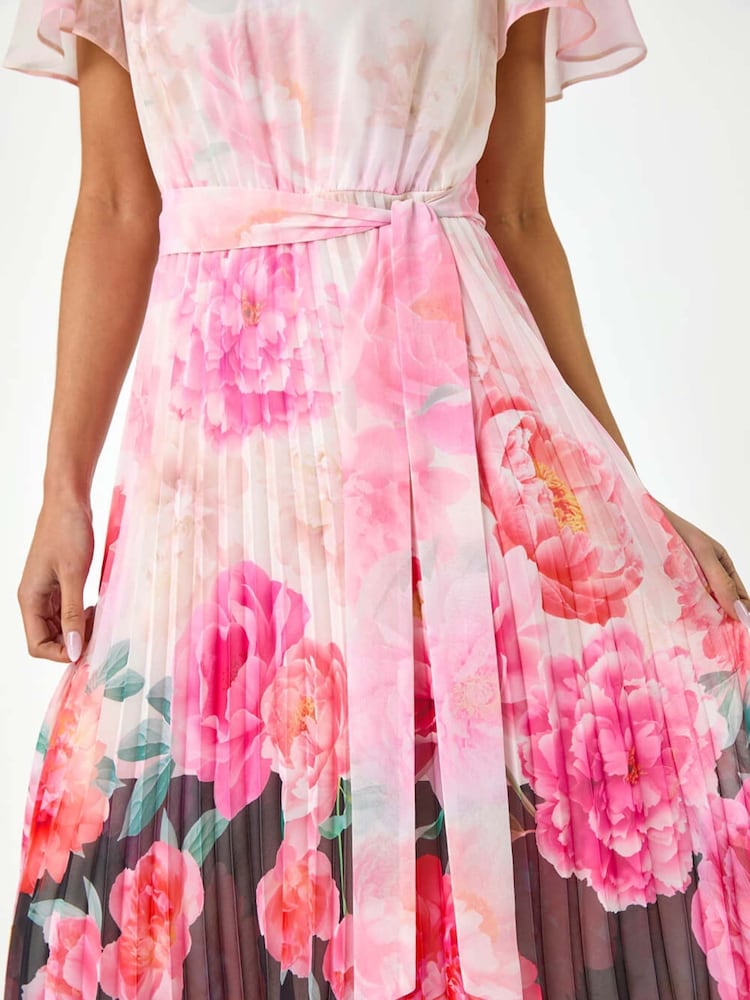 Roman Pink Petite Floral Pleated Midi Dress - Image 5 of 5