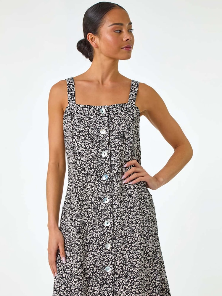 Roman Black Petite Floral Ditsy Button Dress - Image 1 of 5