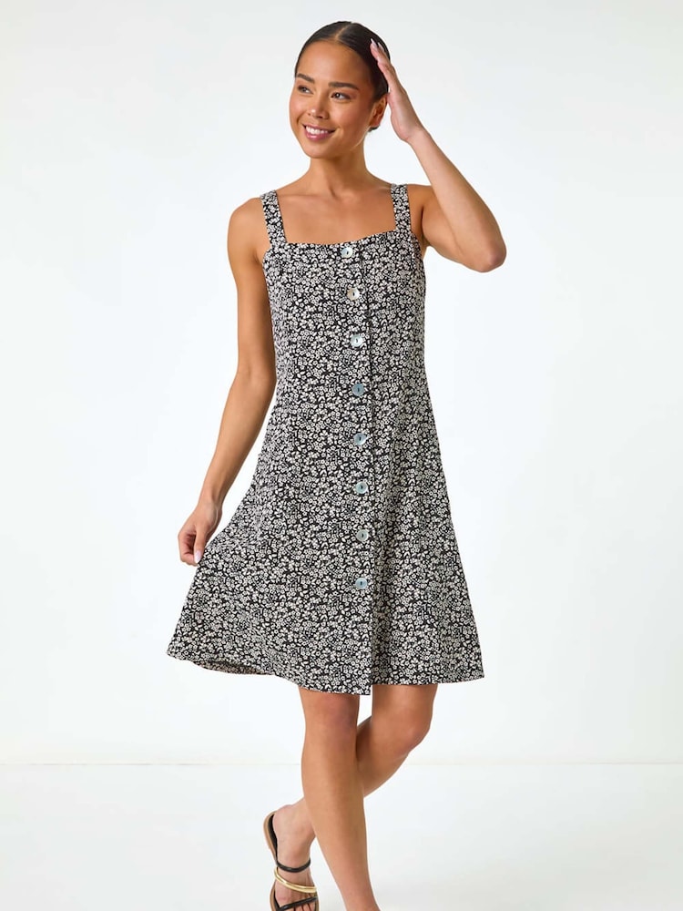 Roman Black Petite Floral Ditsy Button Dress - Image 2 of 5