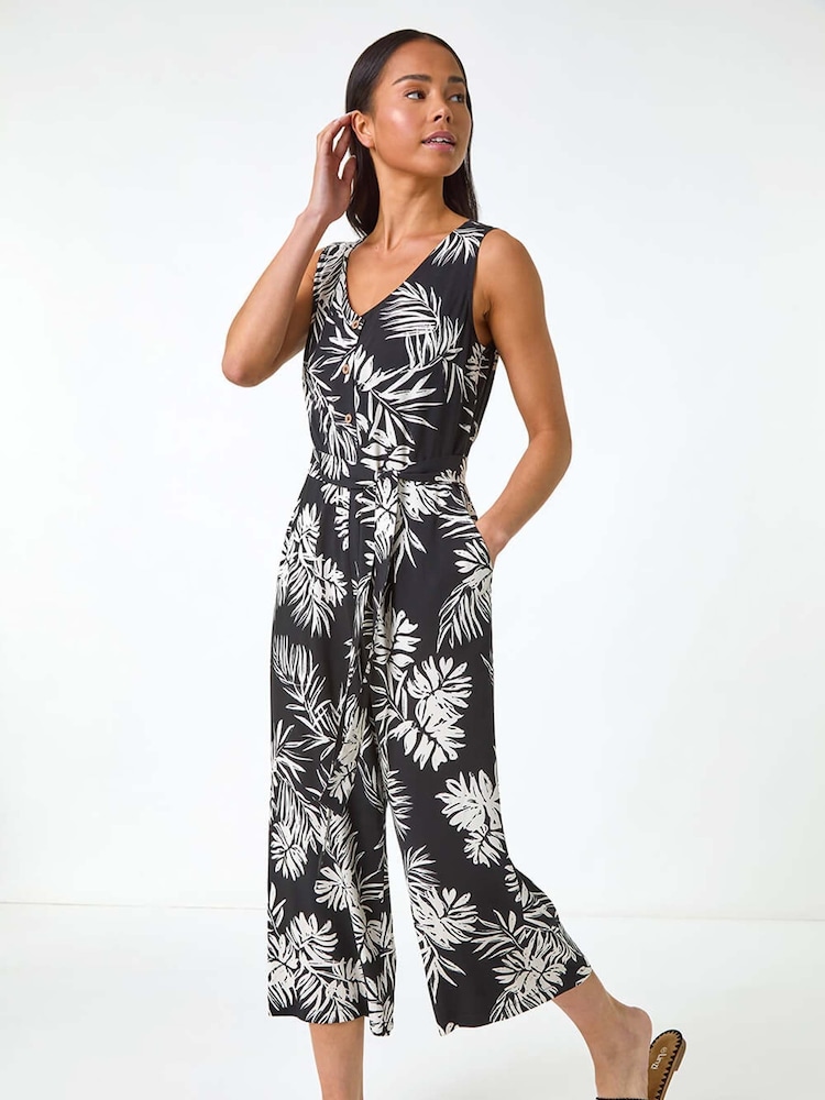 Roman Black Petite Leaf Print Cropped Jumpsuit - Image 2 of 5