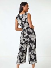 Roman Black Petite Leaf Print Cropped Jumpsuit - Image 3 of 5