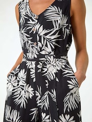Roman Black Petite Leaf Print Cropped Jumpsuit - Image 5 of 5