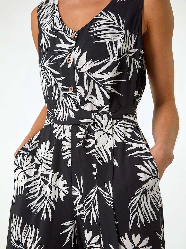 Roman Black Petite Leaf Print Cropped Jumpsuit - Image 5 of 5