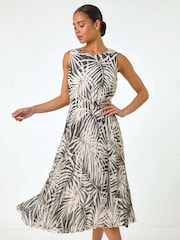 Roman Black Petite Leaf Print Pleated Midi Dress - Image 1 of 5