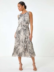 Roman Black Petite Leaf Print Pleated Midi Dress - Image 3 of 5