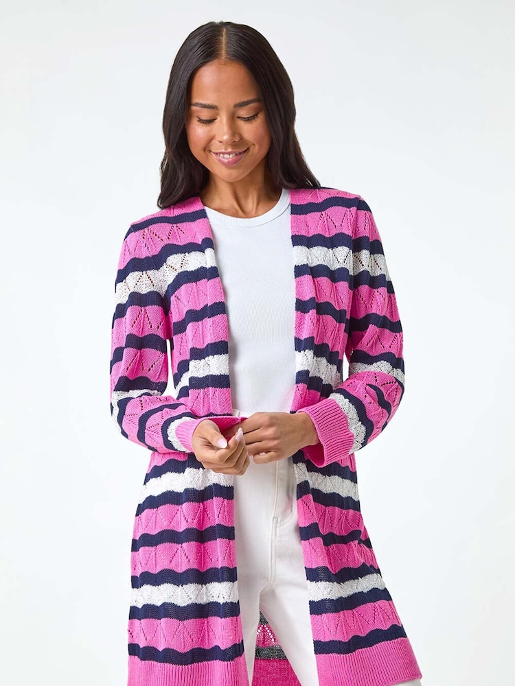 Roman Pink Petite Stripe Pointelle Knit Cardigan - Image 1 of 5