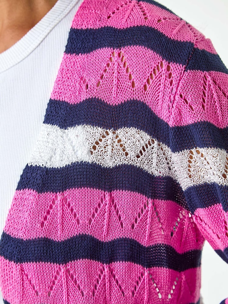 Roman Pink Petite Stripe Pointelle Knit Cardigan - Image 5 of 5