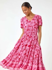 Roman Pink Petite Floral Print Border Midi Dress - Image 1 of 5