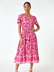 Roman Pink Petite Floral Print Border Midi Dress - Image 2 of 5