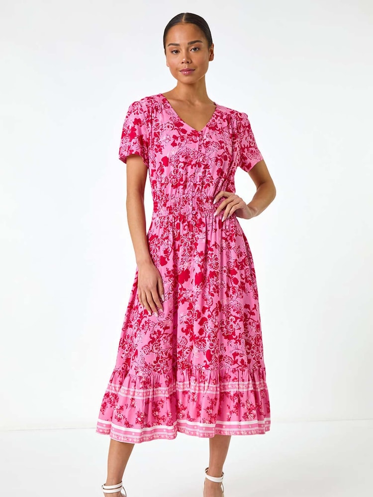 Roman Pink Petite Floral Print Border Midi Dress - Image 2 of 5