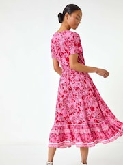Roman Pink Petite Floral Print Border Midi Dress - Image 3 of 5