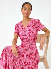 Roman Pink Petite Floral Print Border Midi Dress - Image 4 of 5