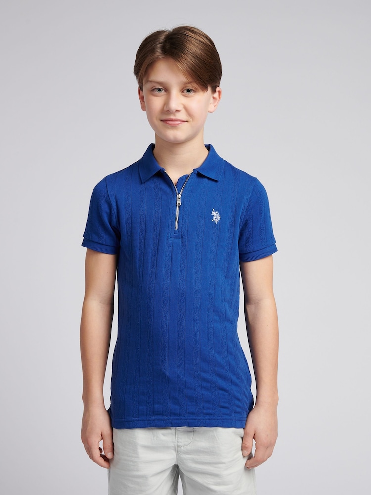 U.S. Polo Assn. Blue Boys Stripe Textured Zip 100% Cotton Polo Shirt - Image 1 of 7