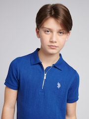 U.S. Polo Assn. Blue Boys Stripe Textured Zip 100% Cotton Polo Shirt - Image 2 of 7