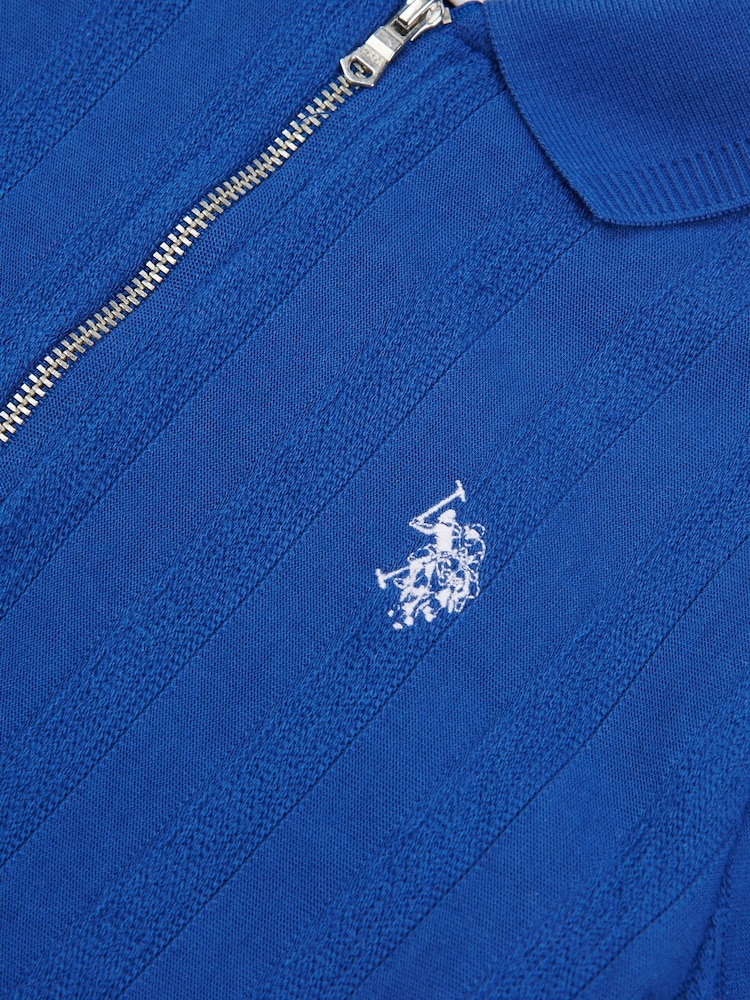 U.S. Polo Assn. Blue Boys Stripe Textured Zip 100% Cotton Polo Shirt - Image 7 of 7