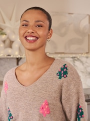 V-Neck Neutral Multi Tree Christmas Jumper - Image 5 of 8