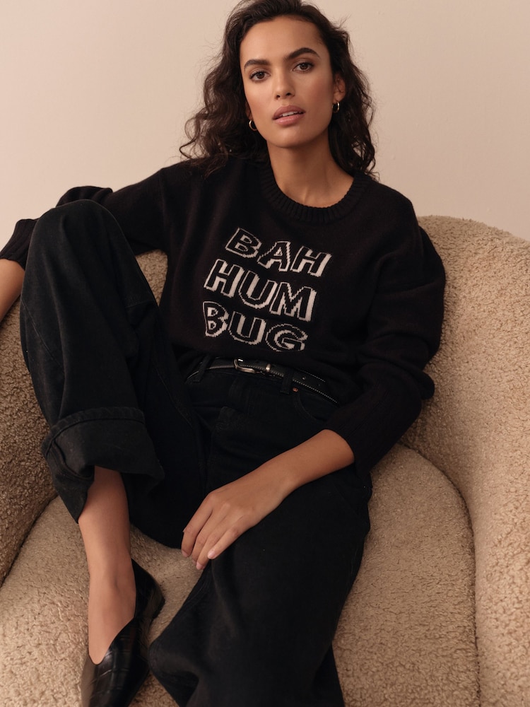 Black Lambswool Graphic Bah Humbug Christmas Jumper - Image 1 of 5