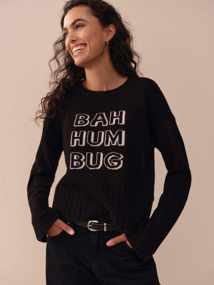 Black Lambswool Graphic Bah Humbug Christmas Jumper - Image 2 of 5
