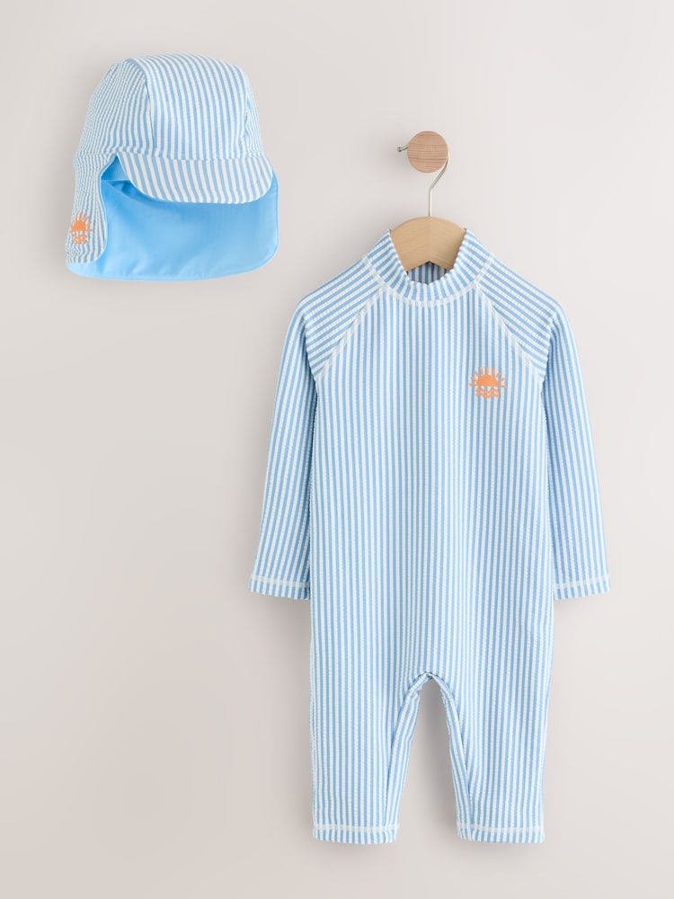Light Blue Stripe Sunsafe Swimsuit and Hat Set (3mths-7yrs) - Image 1 of 4