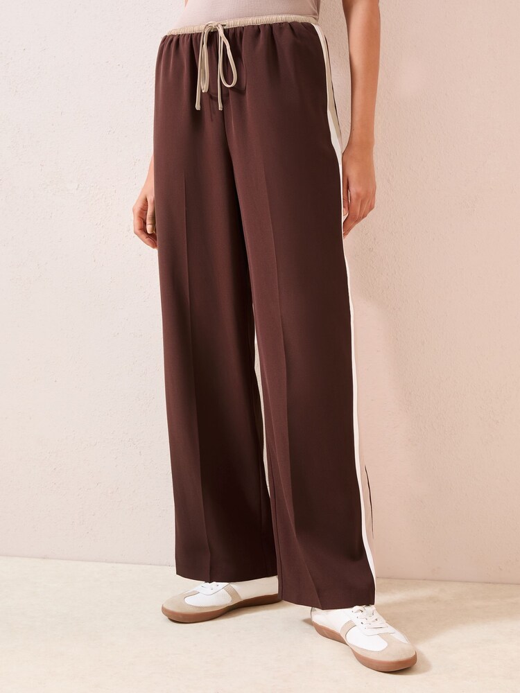 Friends Like These Brown Petite Pull On Side Stripe Trousers - Image 1 of 4 Friends Like These Brown Petite Pull On Side Stripe Trousers - Image 1 of 4