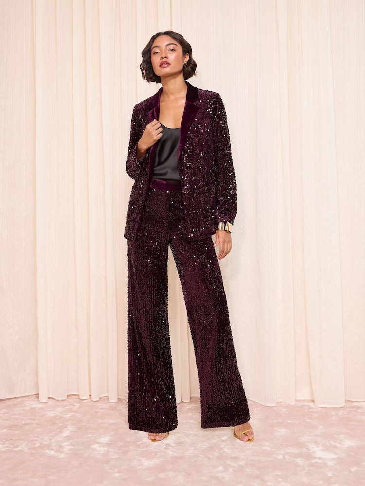 Friends Like These Purple Velvet Sequin Trousers - Image 1 of 4 Friends Like These Purple Velvet Sequin Trousers - Image 1 of 4