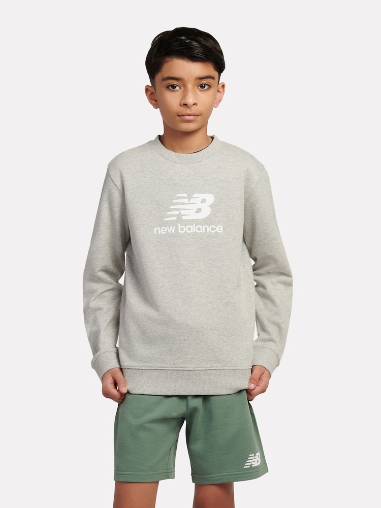 New Balance Grey Kids French Terry Stacked Logo Crew 100% Cotton Sweatshirt - Image 1 of 8 New Balance Grey Kids French Terry Stacked Logo Crew 100% Cotton Sweatshirt - Image 1 of 8
