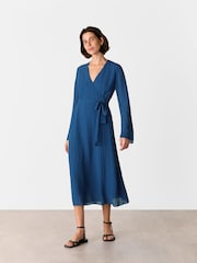 Whistles Blue Alex Textured Wrap Midi Dress - Image 1 of 5