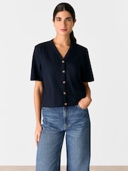 Whistles Blue Ella V-Neck Button Through 100% Cotton T-Shirt - Image 1 of 5