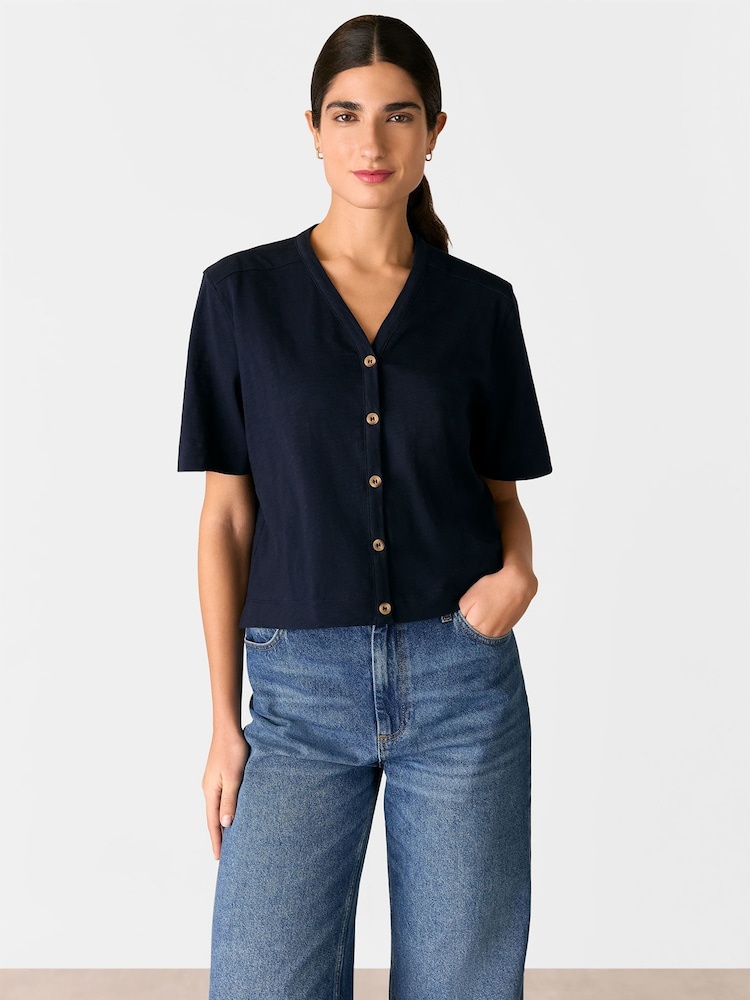 Whistles Blue Ella V-Neck Button Through 100% Cotton T-Shirt - Image 1 of 5