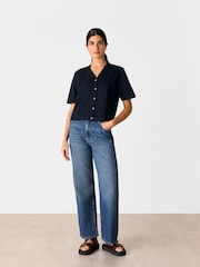 Whistles Blue Ella V-Neck Button Through 100% Cotton T-Shirt - Image 3 of 5