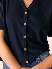 Whistles Blue Ella V-Neck Button Through 100% Cotton T-Shirt - Image 4 of 5