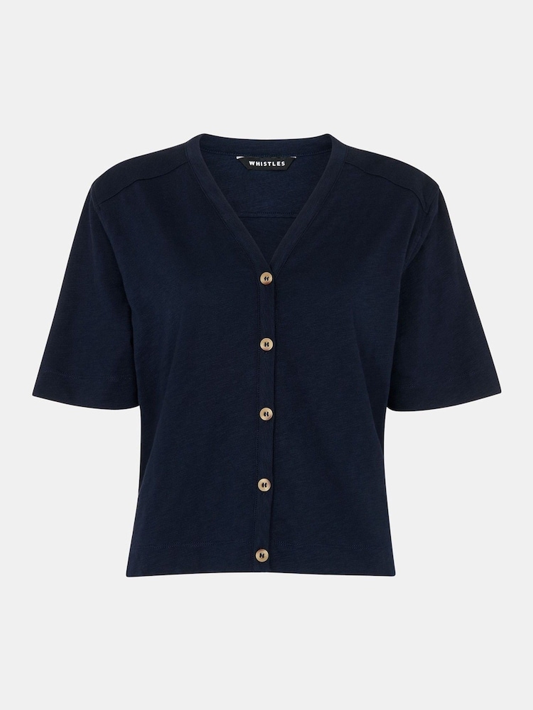 Whistles Blue Ella V-Neck Button Through 100% Cotton T-Shirt - Image 5 of 5