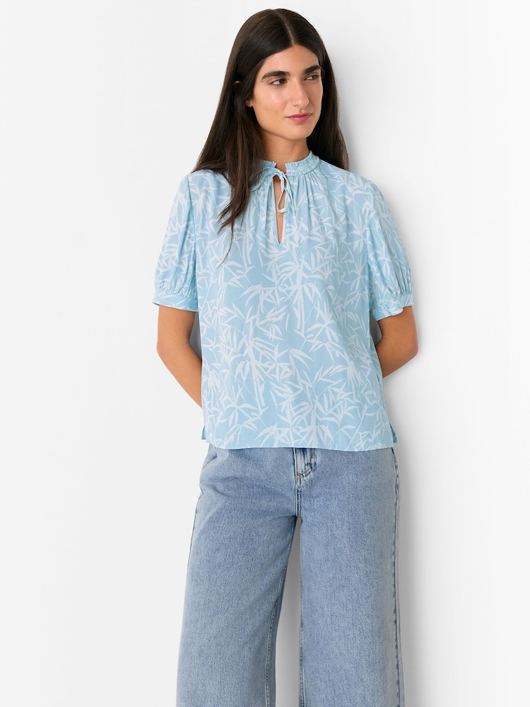 Whistles Blue Bamboo Leaves Tie Neck Blouse - Image 1 of 5