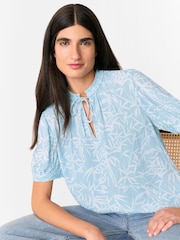 Whistles Blue Bamboo Leaves Tie Neck Blouse - Image 3 of 5