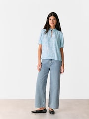 Whistles Blue Bamboo Leaves Tie Neck Blouse - Image 4 of 5