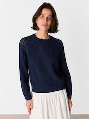 Whistles Blue Pointelle Crew Neck Knit 100% Cotton Jumper - Image 1 of 5