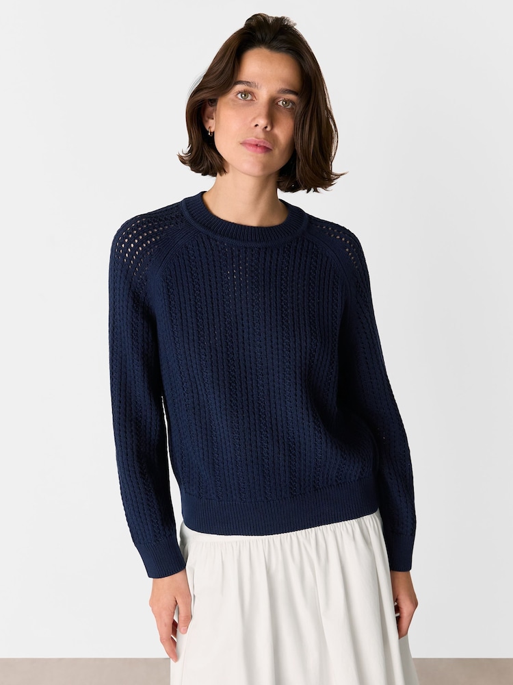 Whistles Blue Pointelle Crew Neck Knit 100% Cotton Jumper - Image 1 of 5