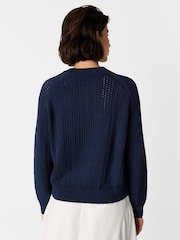Whistles Blue Pointelle Crew Neck Knit 100% Cotton Jumper - Image 2 of 5