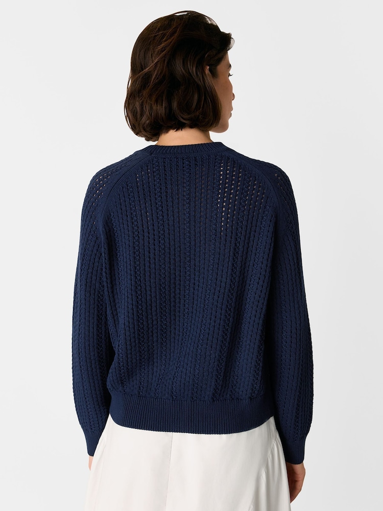 Whistles Blue Pointelle Crew Neck Knit 100% Cotton Jumper - Image 2 of 5