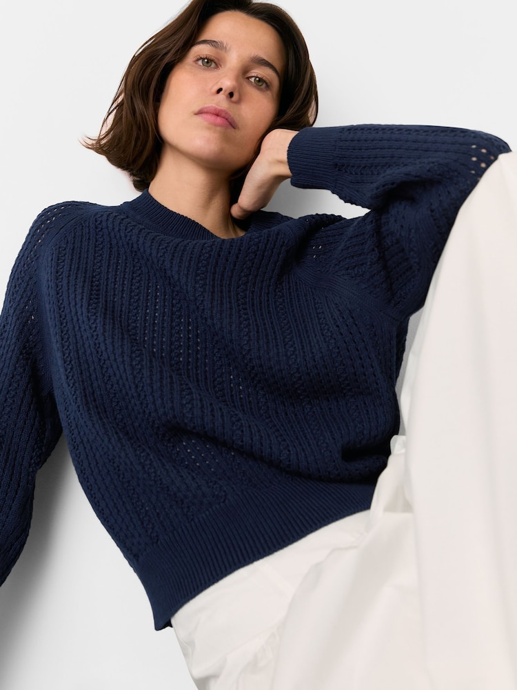 Whistles Blue Pointelle Crew Neck Knit 100% Cotton Jumper - Image 3 of 5