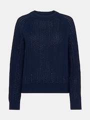 Whistles Blue Pointelle Crew Neck Knit 100% Cotton Jumper - Image 5 of 5