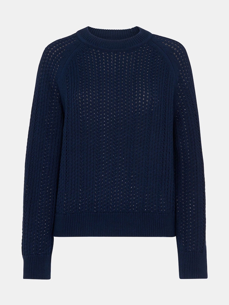 Whistles Blue Pointelle Crew Neck Knit 100% Cotton Jumper - Image 5 of 5