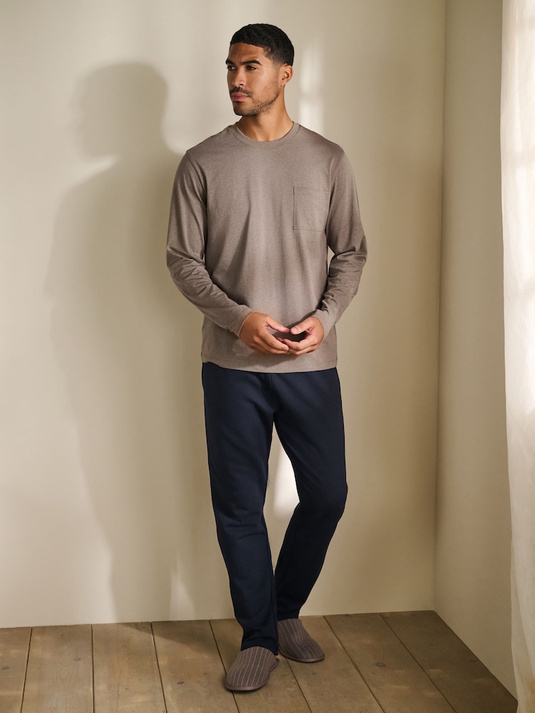 Brown/Navy Blue Long Sleeve Jersey Pyjamas Set - Image 1 of 10 Brown/Navy Blue Long Sleeve Jersey Pyjamas Set - Image 1 of 10